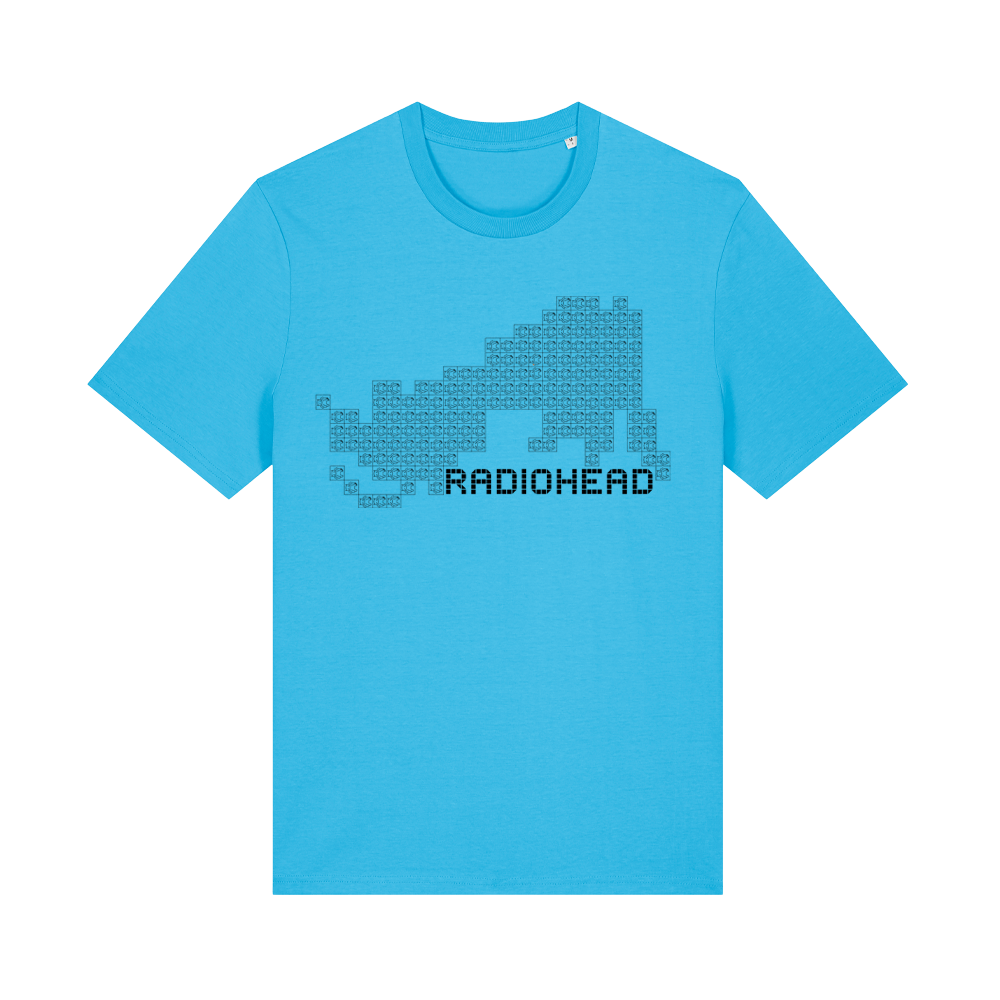 Bright blue t-shirt featuring a pixelated design and the word ’RADIOHEAD’ printed on it.