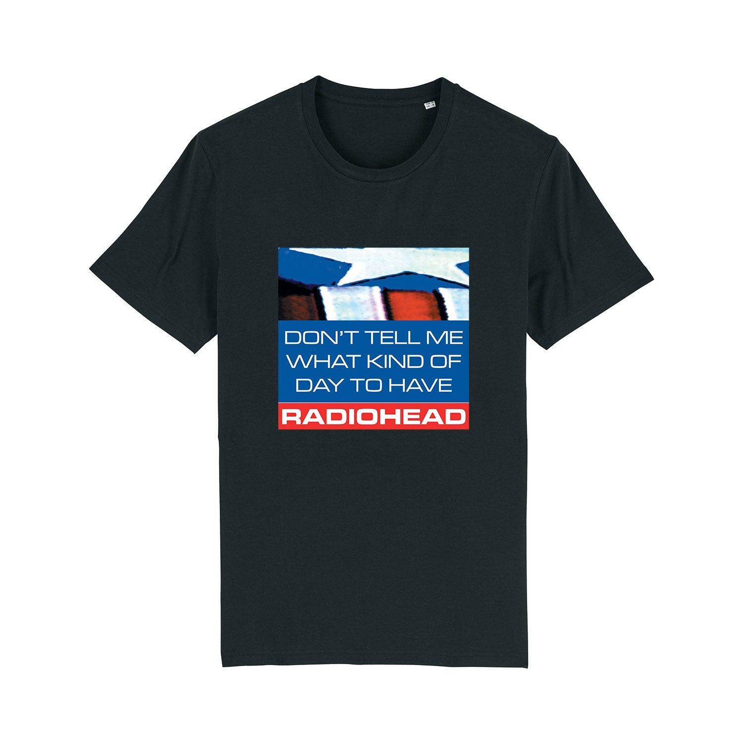 Black t-shirt with a Radiohead-themed graphic design on the front.