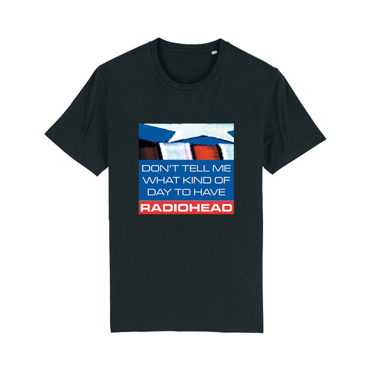 Black t-shirt with a Radiohead-themed graphic design on the front.