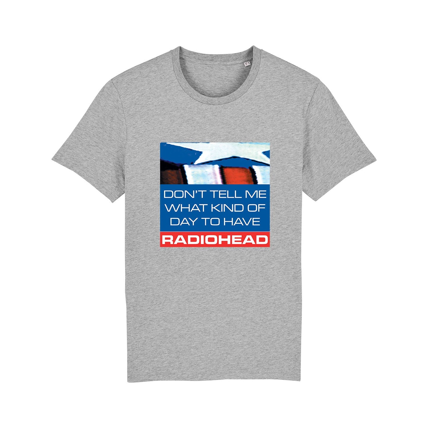 Gray t-shirt with a Radiohead-themed graphic design on the front.
