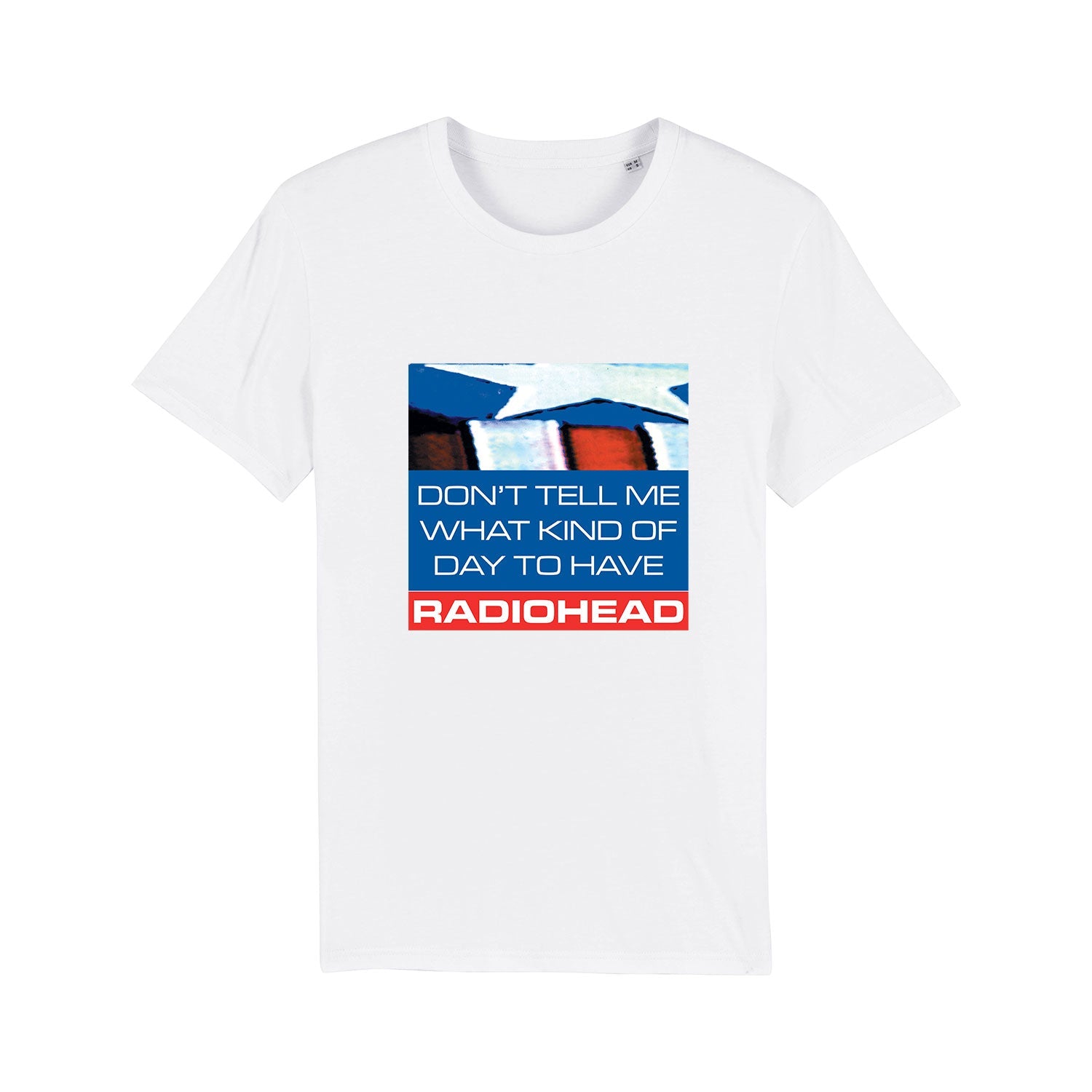 White t-shirt with a Radiohead-themed graphic design on the front.