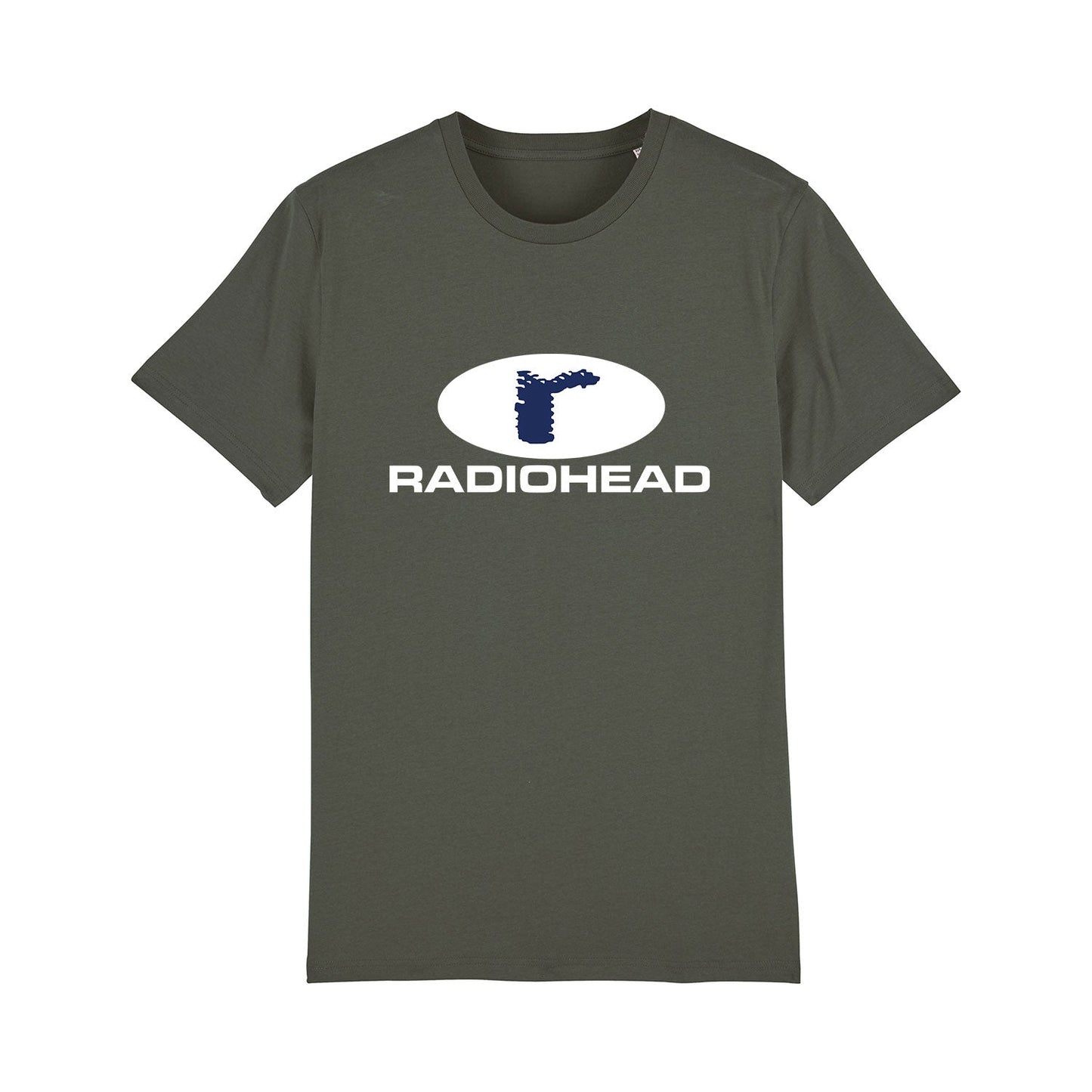 Dark green t-shirt with a Radiohead logo printed on the front.