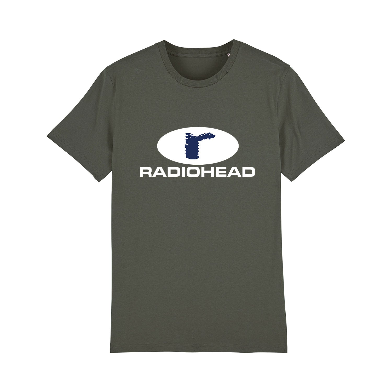 Dark green t-shirt with a Radiohead logo printed on the front.