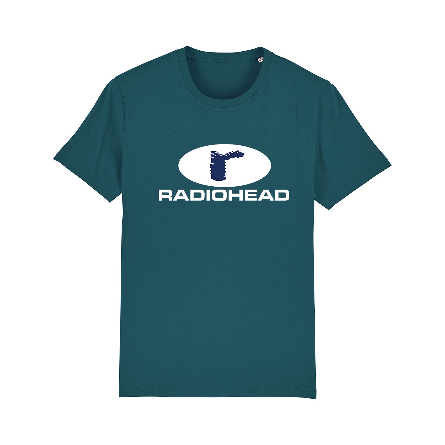 Teal t-shirt featuring the Radiohead band logo.