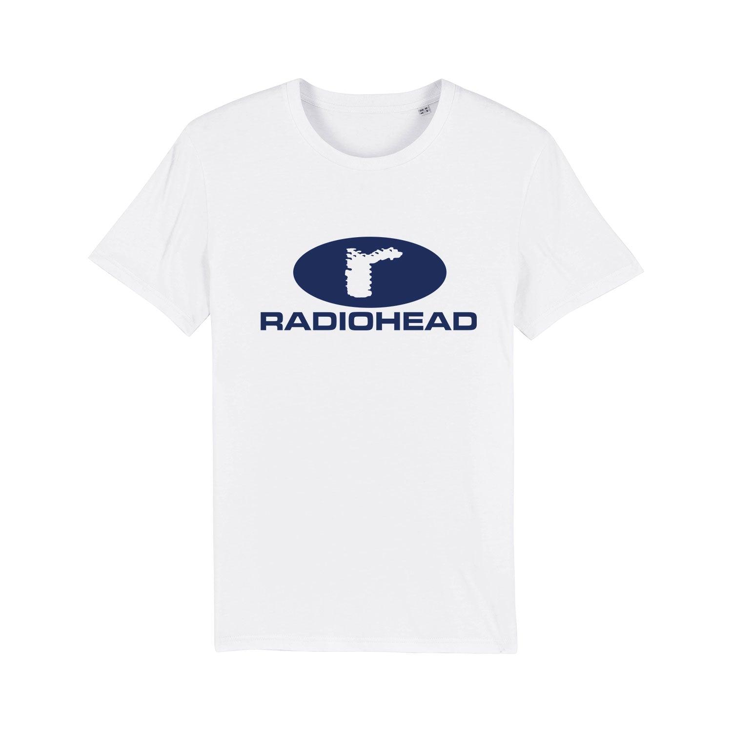White t-shirt with a blue Radiohead logo printed on the front.
