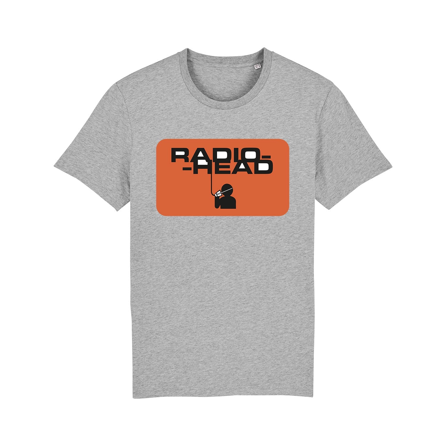 Gray t-shirt with an orange rectangular graphic featuring the text ’RADIO’ and a small silhouette figure.