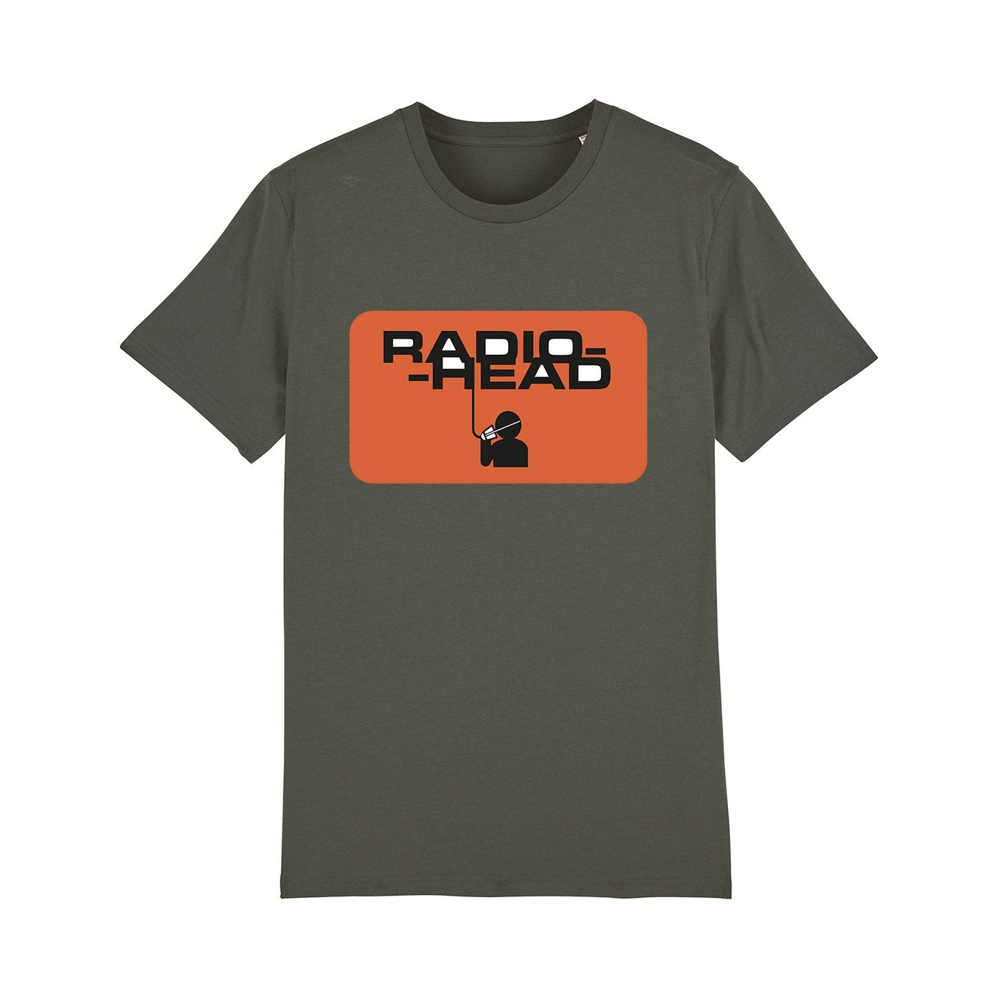 Olive green t-shirt with an orange rectangular graphic featuring the text ’RABID’ and a small silhouette figure.