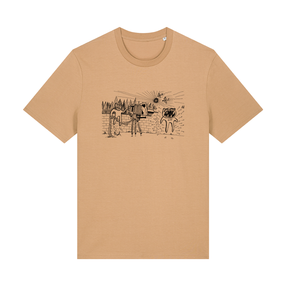 Beige t-shirt with a Western-themed illustration of horses and a covered wagon.
