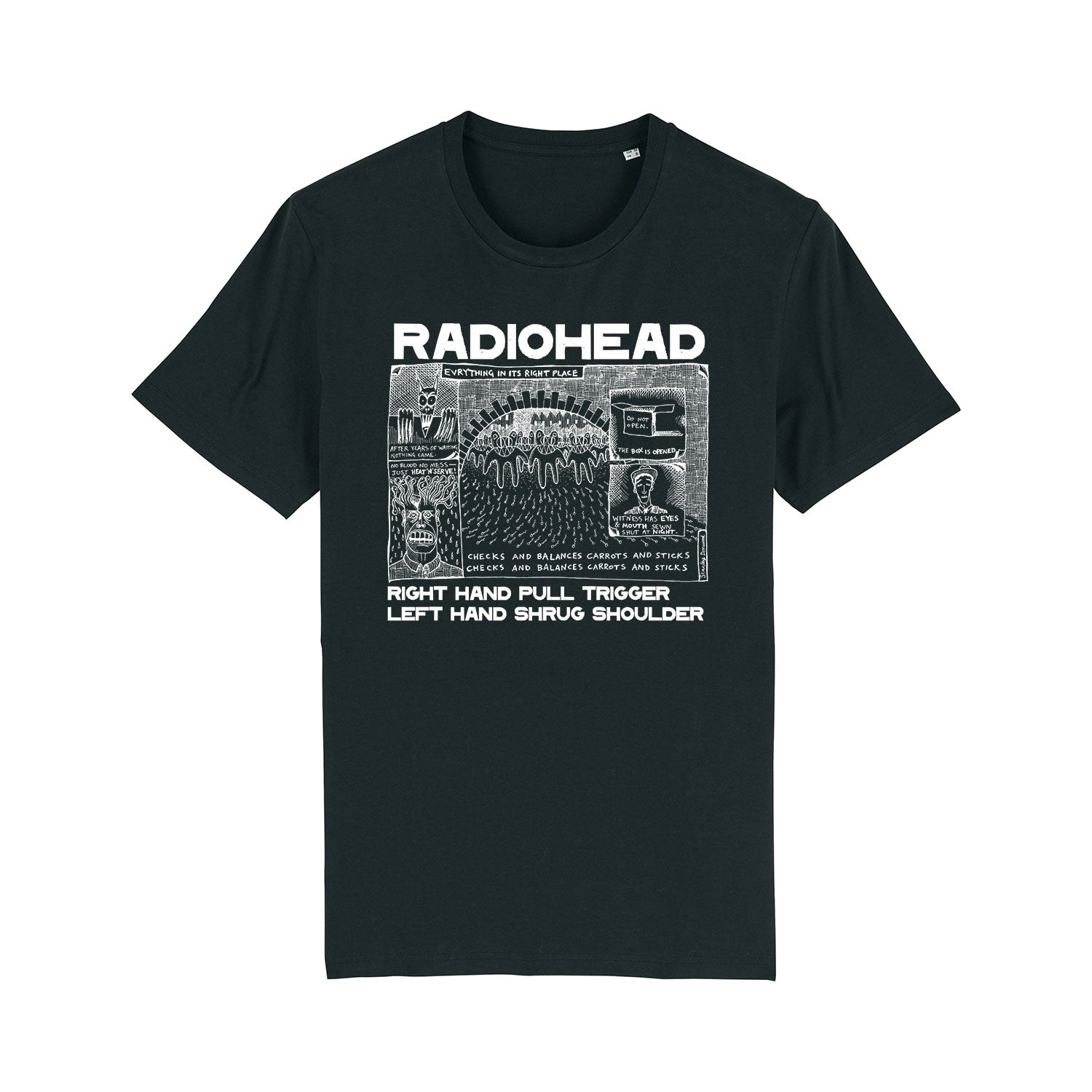 Black t-shirt featuring a Radiohead graphic design and text.