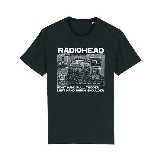 Black t-shirt featuring a Radiohead graphic design and text.
