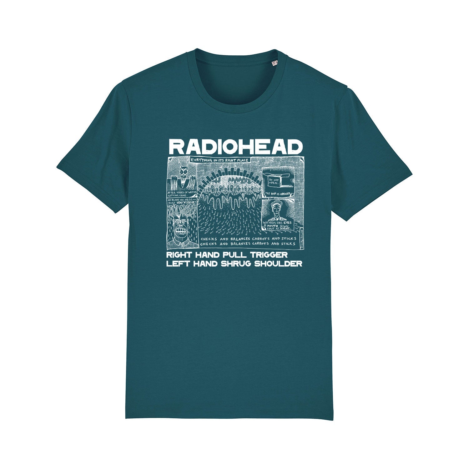 Teal t-shirt featuring a Radiohead album cover design.