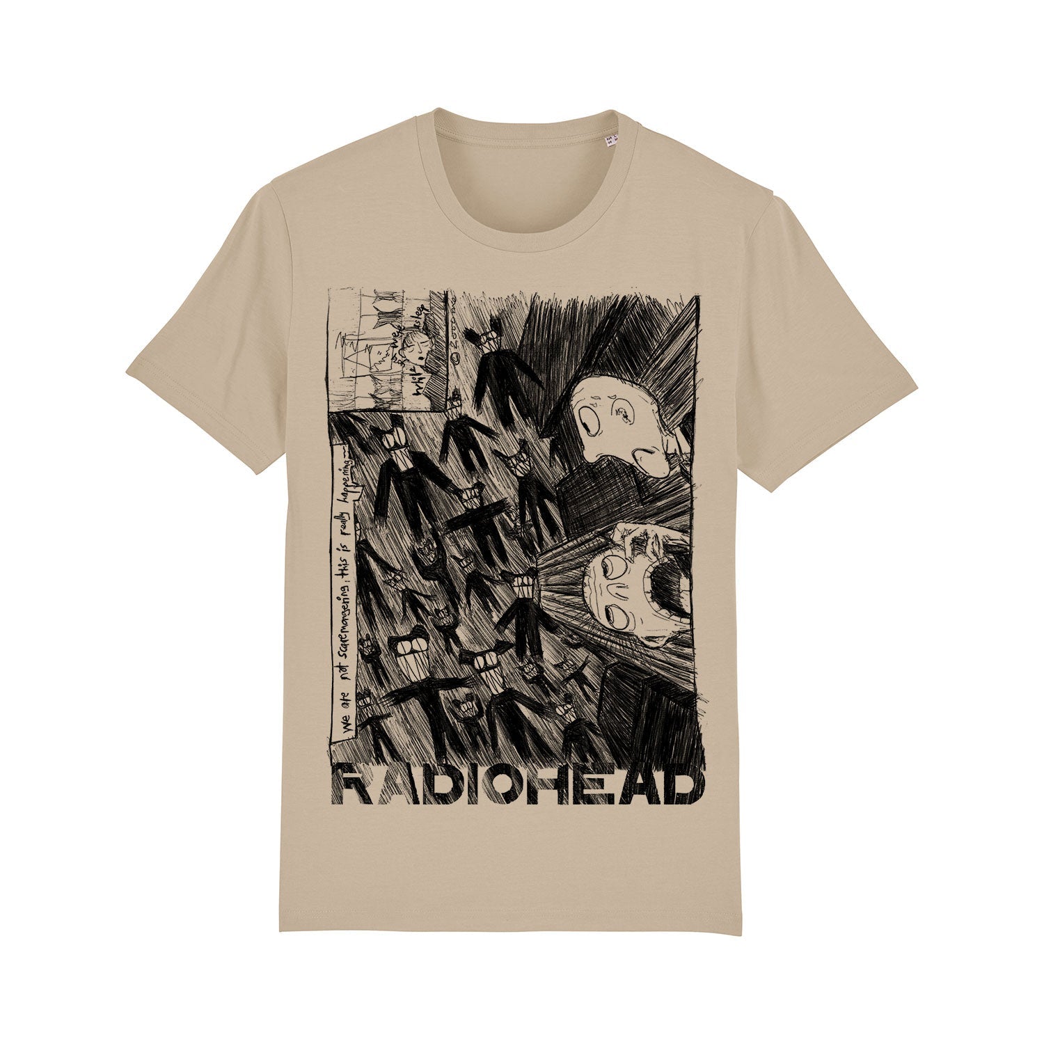 Beige t-shirt featuring a black and white graphic design with ’RADIOHEAD’ text at the bottom.