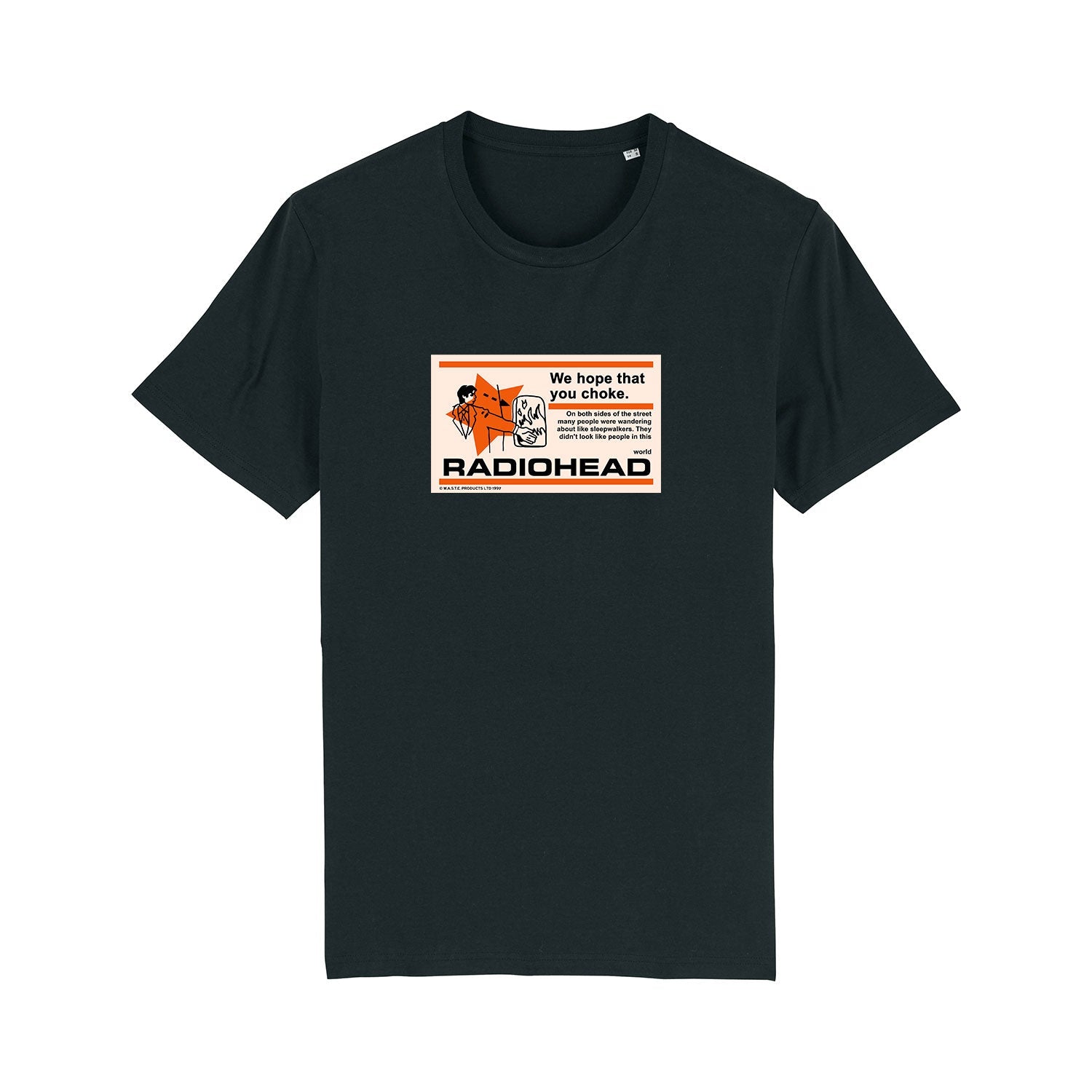 Black t-shirt with a Radiohead-themed graphic on the front.