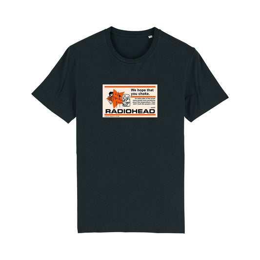 Black t-shirt with a Radiohead-themed graphic on the front.