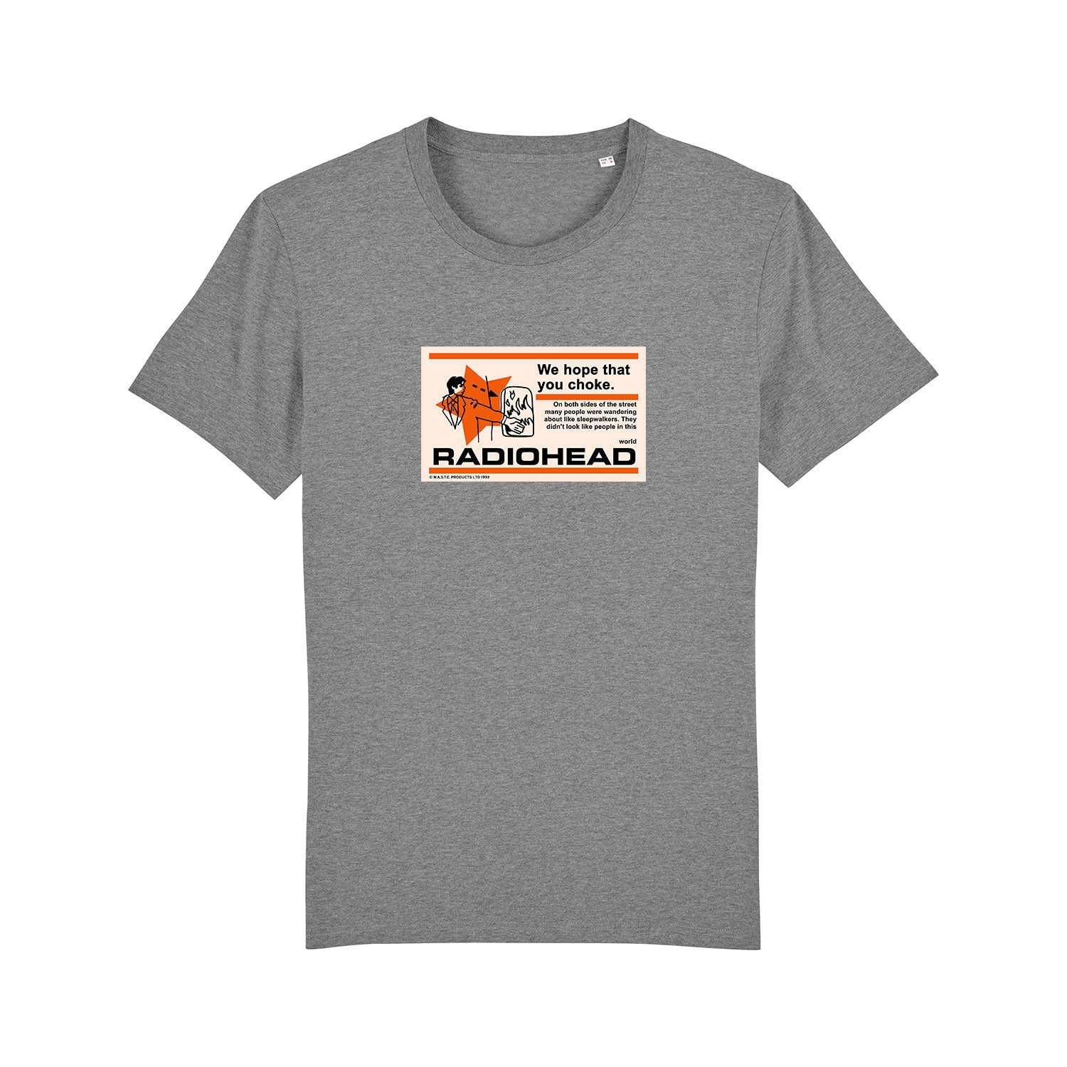 Gray t-shirt with a Radiohead graphic design on the front.