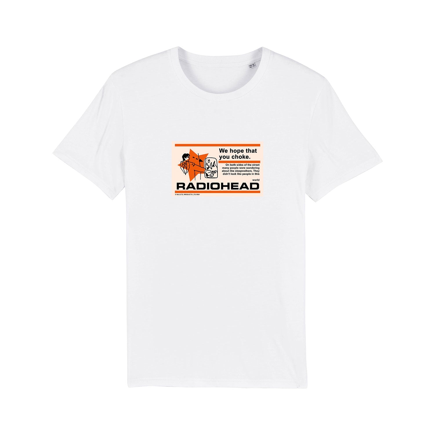 White t-shirt with an orange and black Radiohead graphic design on the front.
