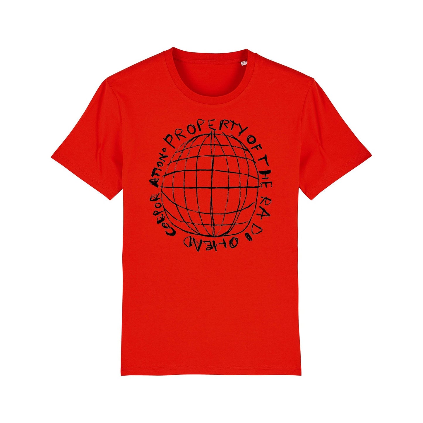 Red t-shirt with a black globe design and circular text.