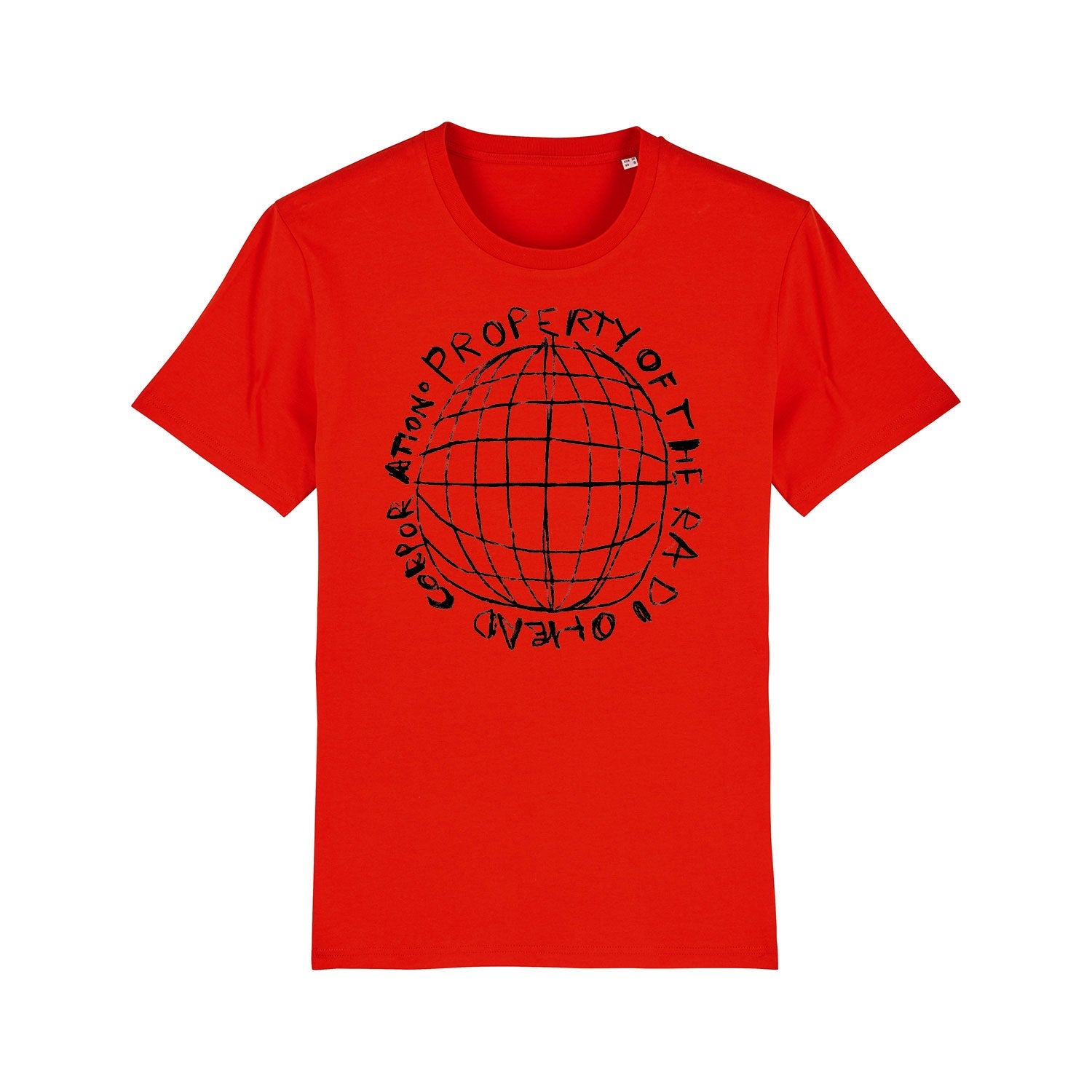 Red t-shirt with a black globe design and circular text.