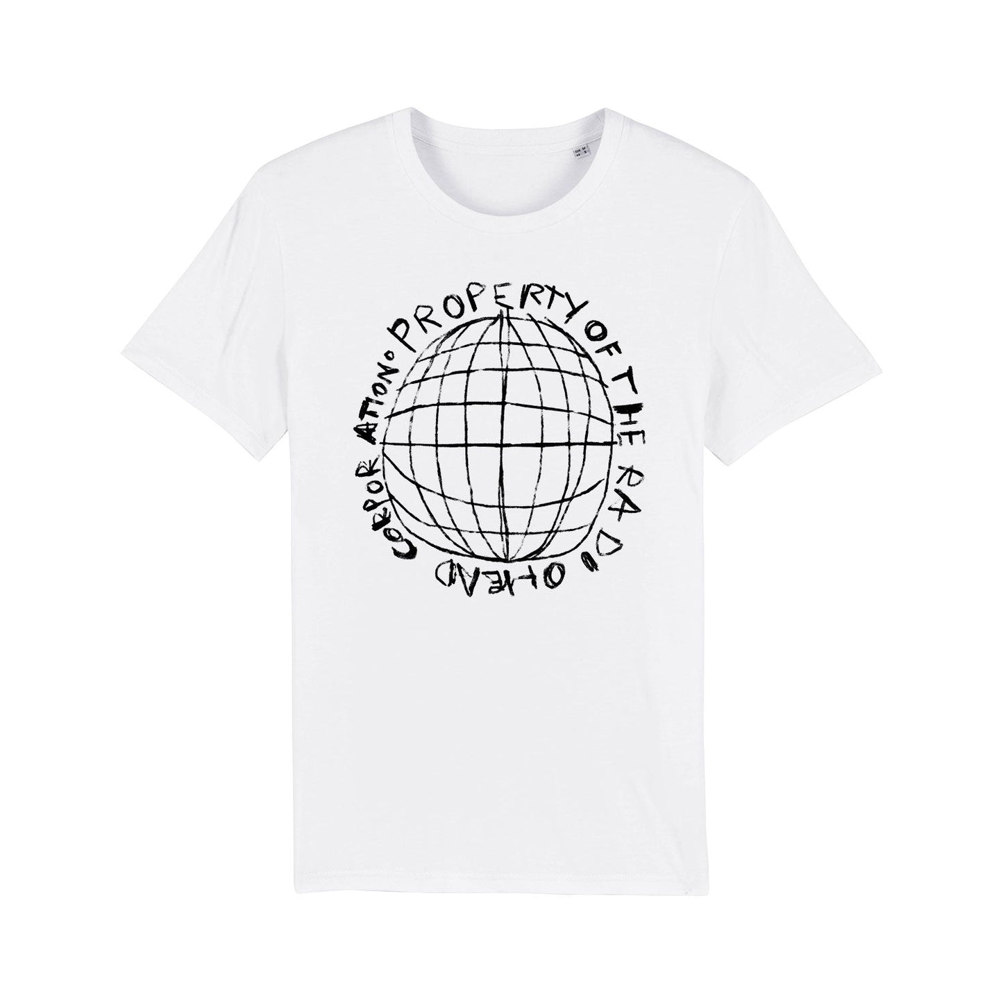 White t-shirt with a black globe design and text reading ’Property of the mad planet’ circling it.