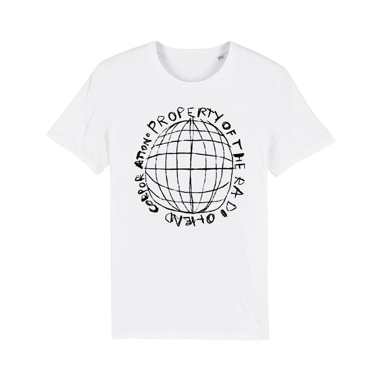White t-shirt with a black globe design and text reading ’Property of the mad planet’ circling it.