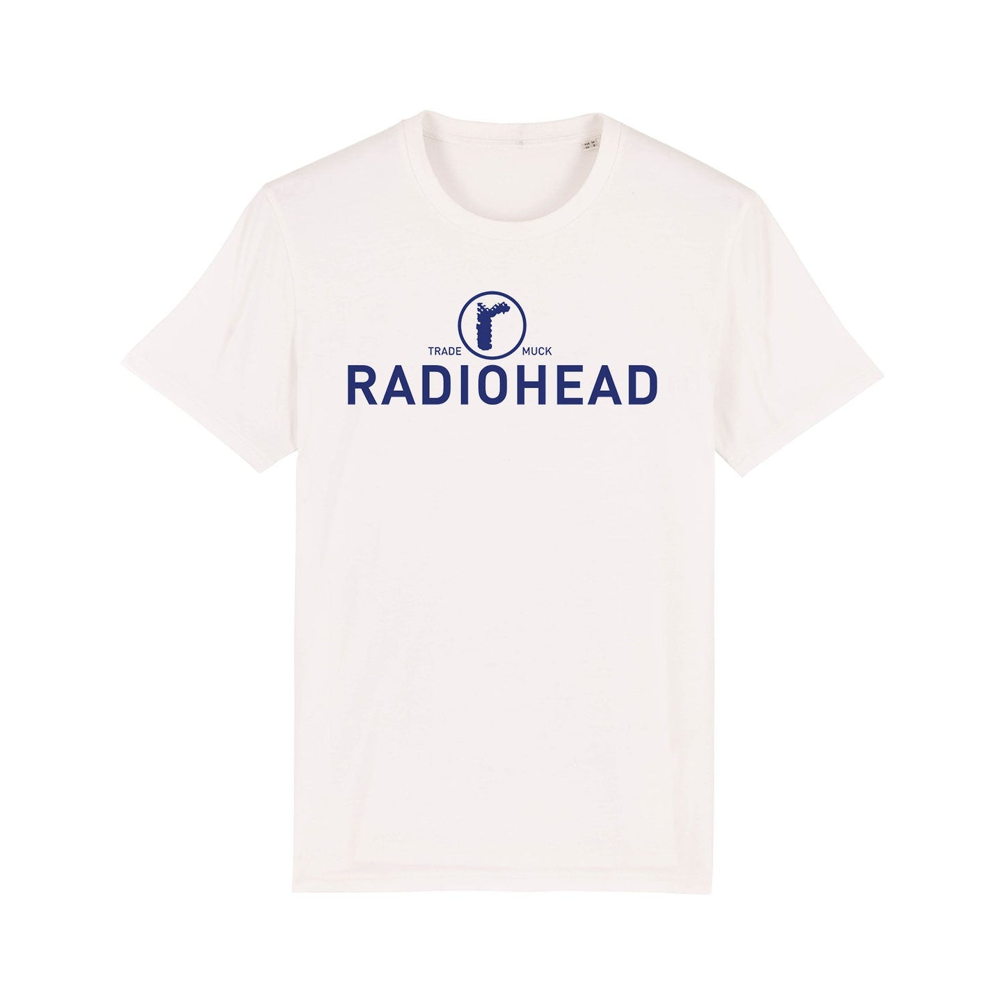White t-shirt with blue Radiohead logo and text.