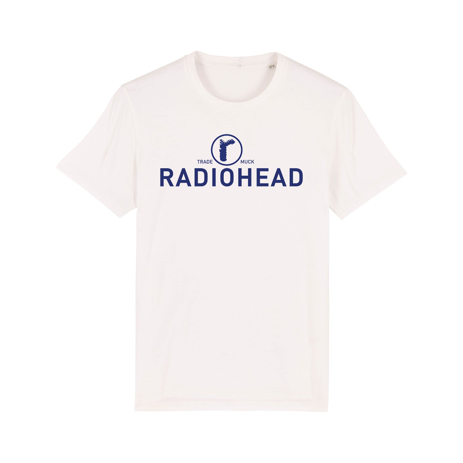 White t-shirt with blue Radiohead logo and text.