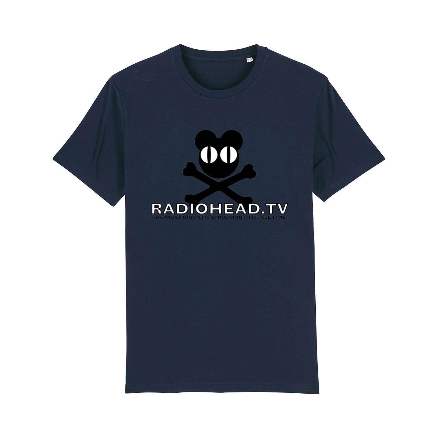 Navy blue t-shirt featuring a cartoon bear face logo and ’RADIOHEAD.TV’ text.