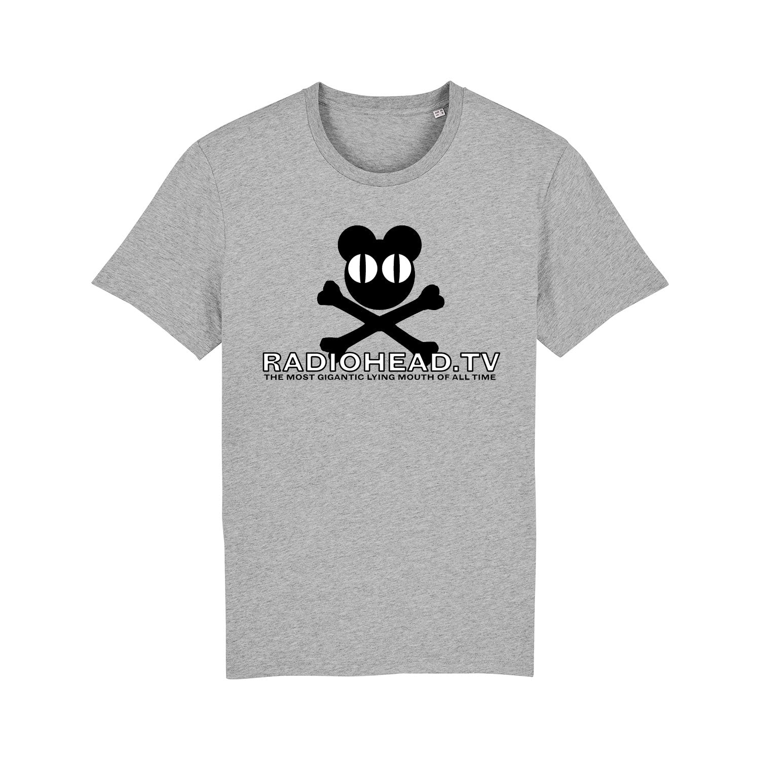 Gray t-shirt featuring a cartoon character logo and ’RADIOHEAD TV’ text.