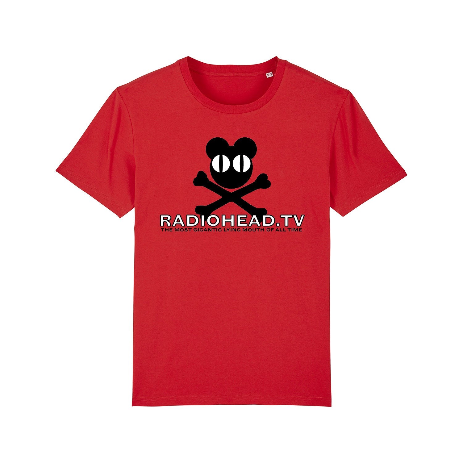 Red t-shirt featuring a black cartoon character logo and ’RADIOHEAD.TV’ text.