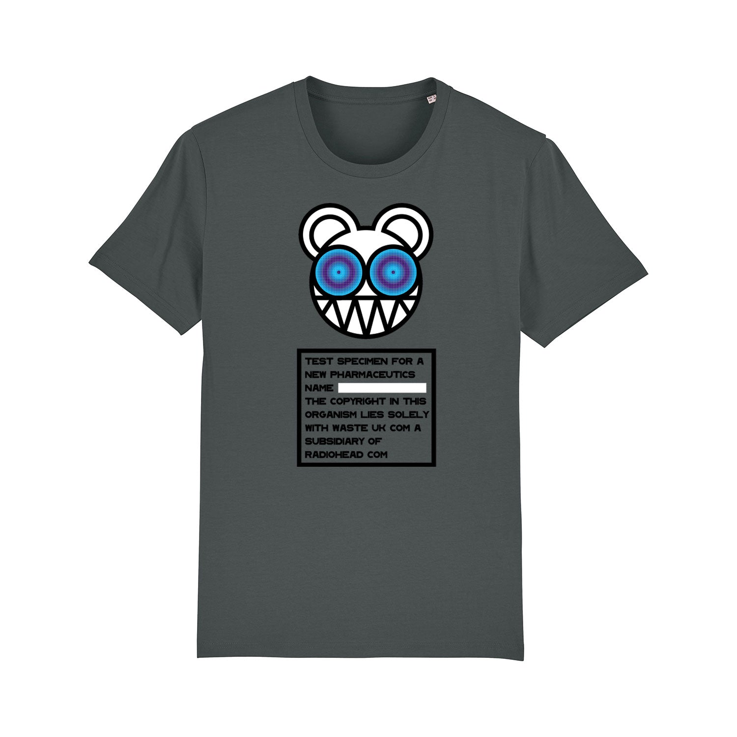 Dark gray t-shirt featuring a cartoon bear face design and text box graphic.