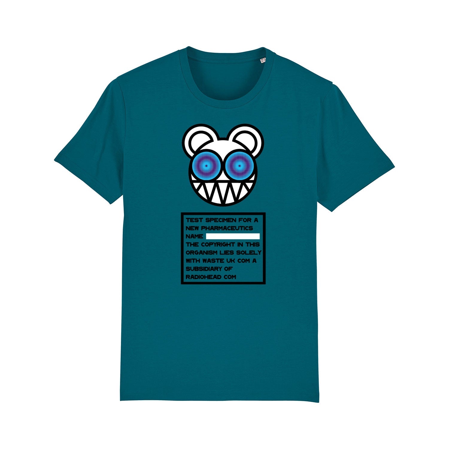 Teal t-shirt featuring a cartoon bear face and text box design.