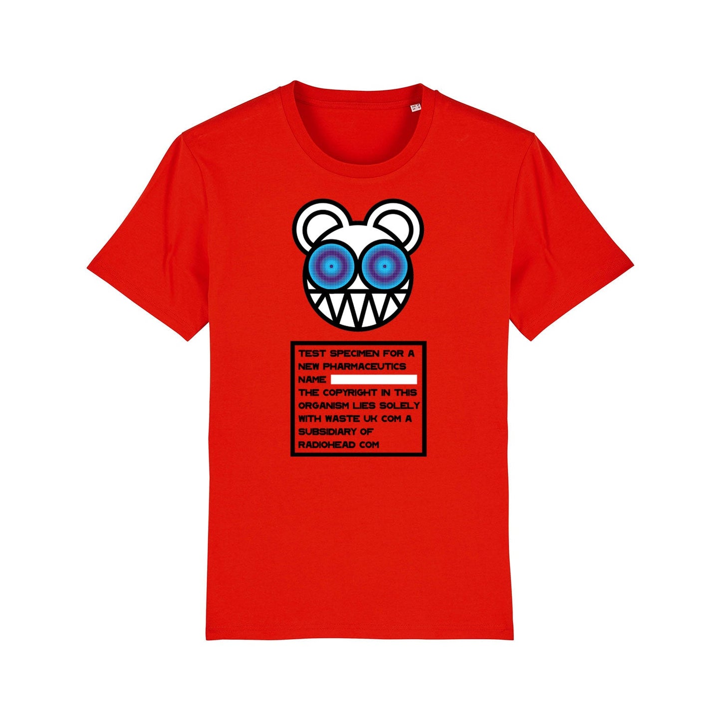 Red t-shirt featuring a cartoon bear face design and text box.