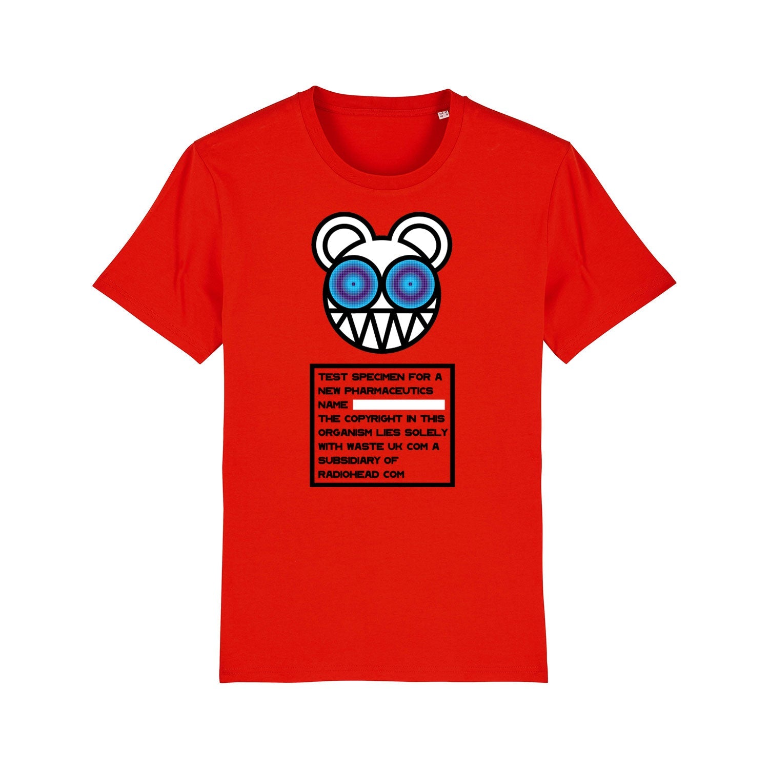 Red t-shirt featuring a cartoon bear face design and text box.