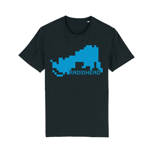 Black t-shirt featuring a pixelated blue design and the word ’RADIOHEAD’ in capital letters.
