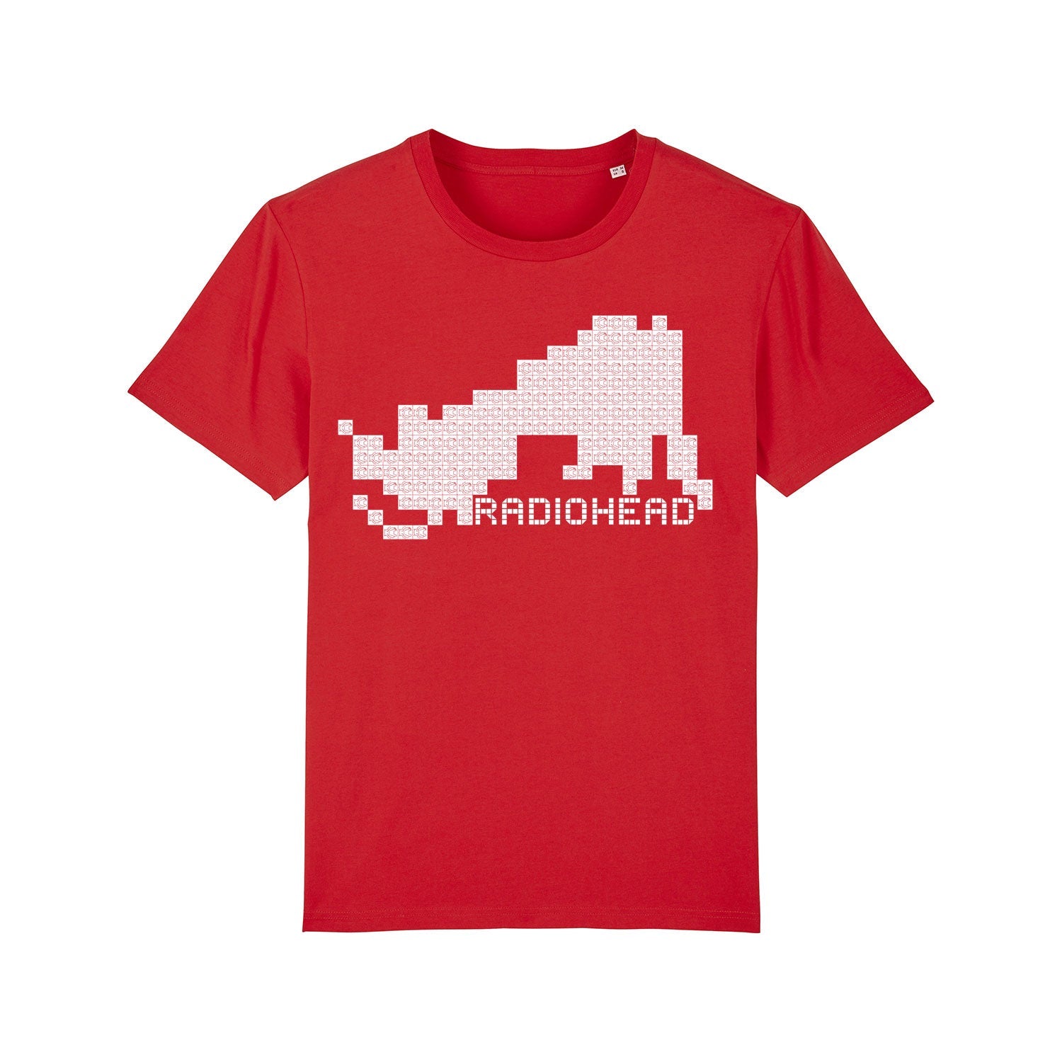 Red t-shirt featuring a pixelated white bear design and the word ’Radiohead’.