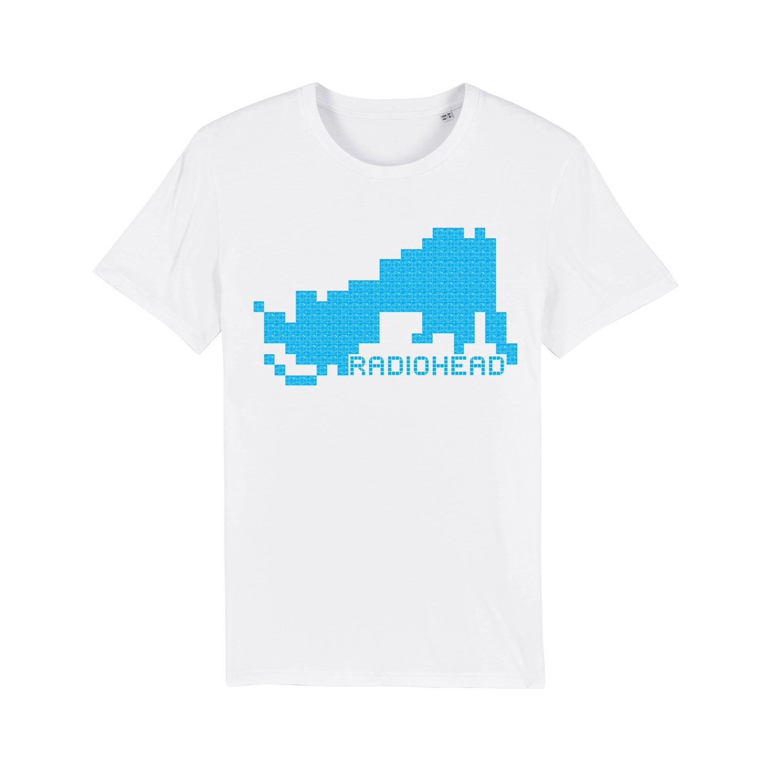 White t-shirt with a pixelated blue design and ’RADIOHEAD’ text.