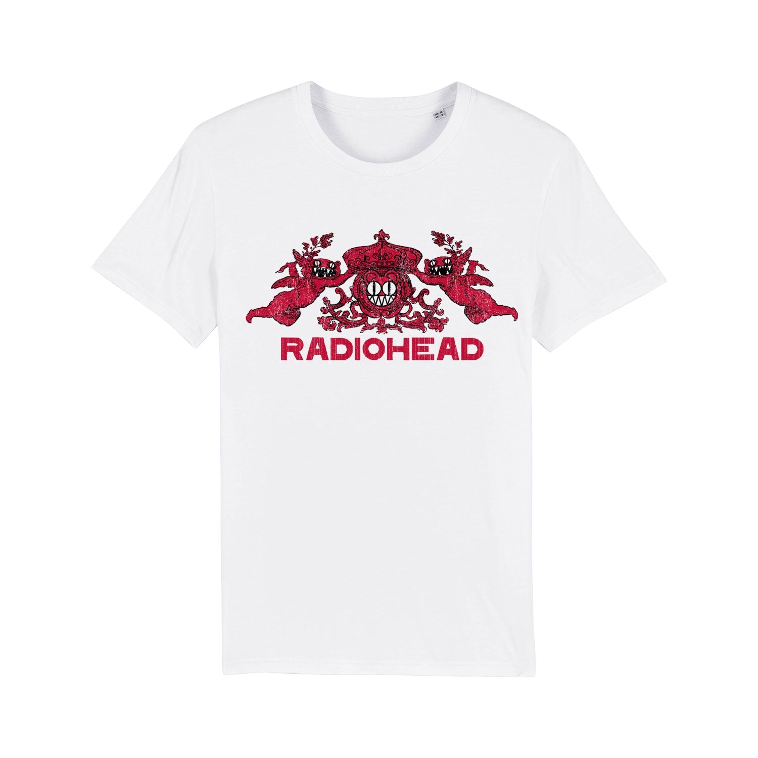 White t-shirt with a red Radiohead logo design featuring a bear-like creature and floral elements.