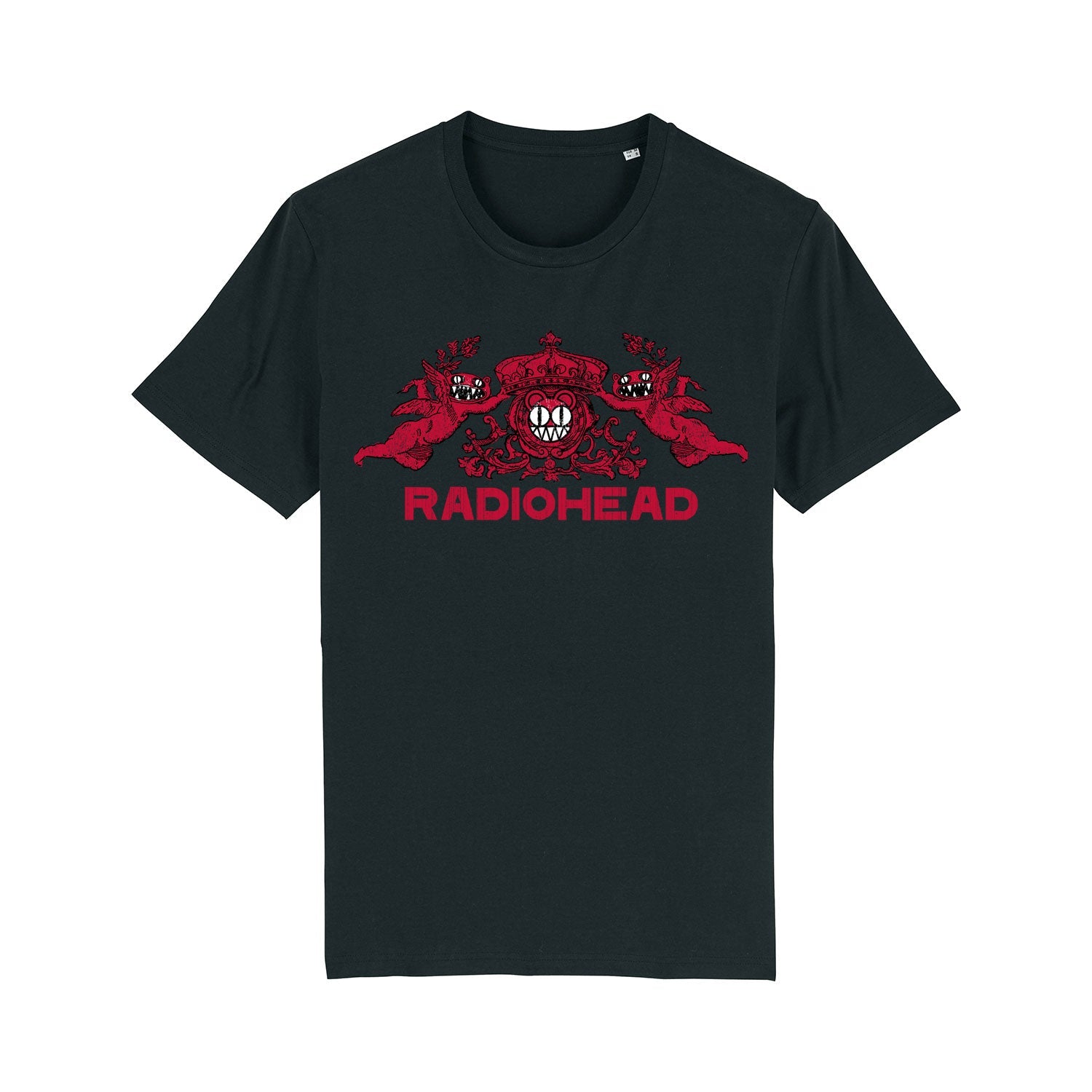 Black t-shirt with a red Radiohead logo design featuring stylized faces.