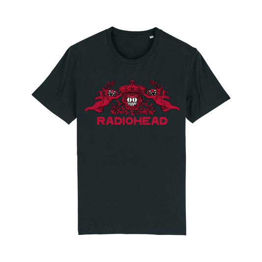 Black t-shirt with a red Radiohead logo design featuring stylized faces.