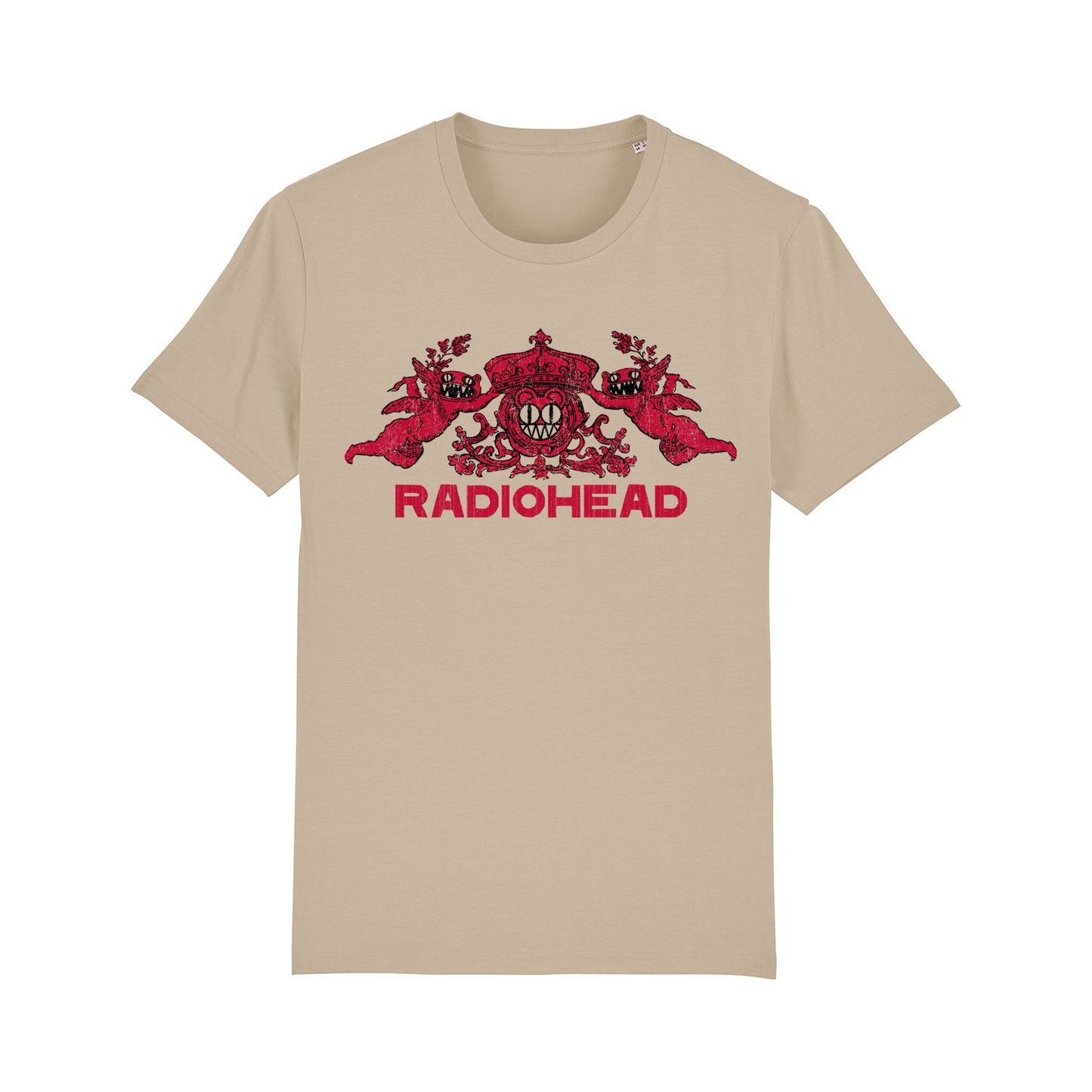 Beige t-shirt with a red Radiohead logo design featuring mythical creatures.