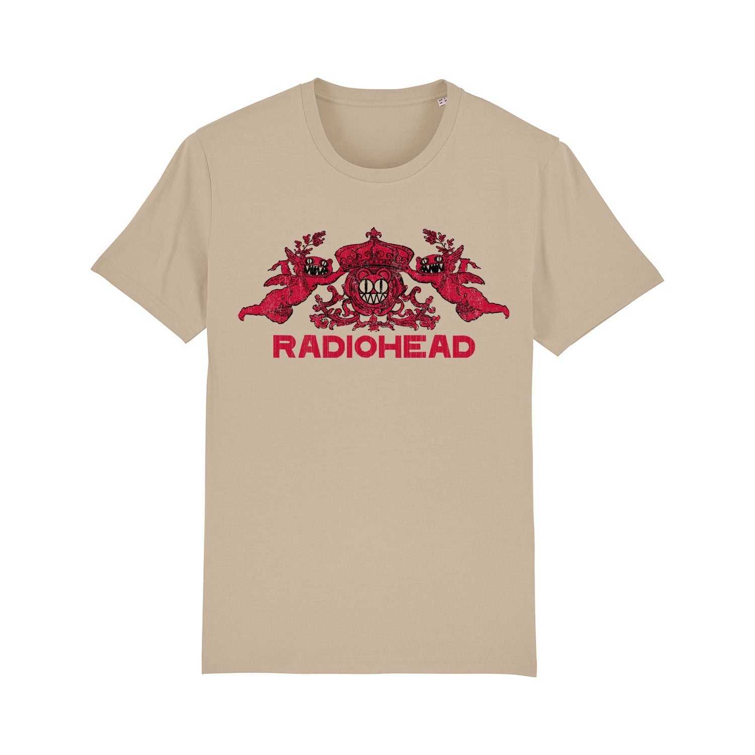 Beige t-shirt with a red Radiohead logo design featuring mythical creatures.