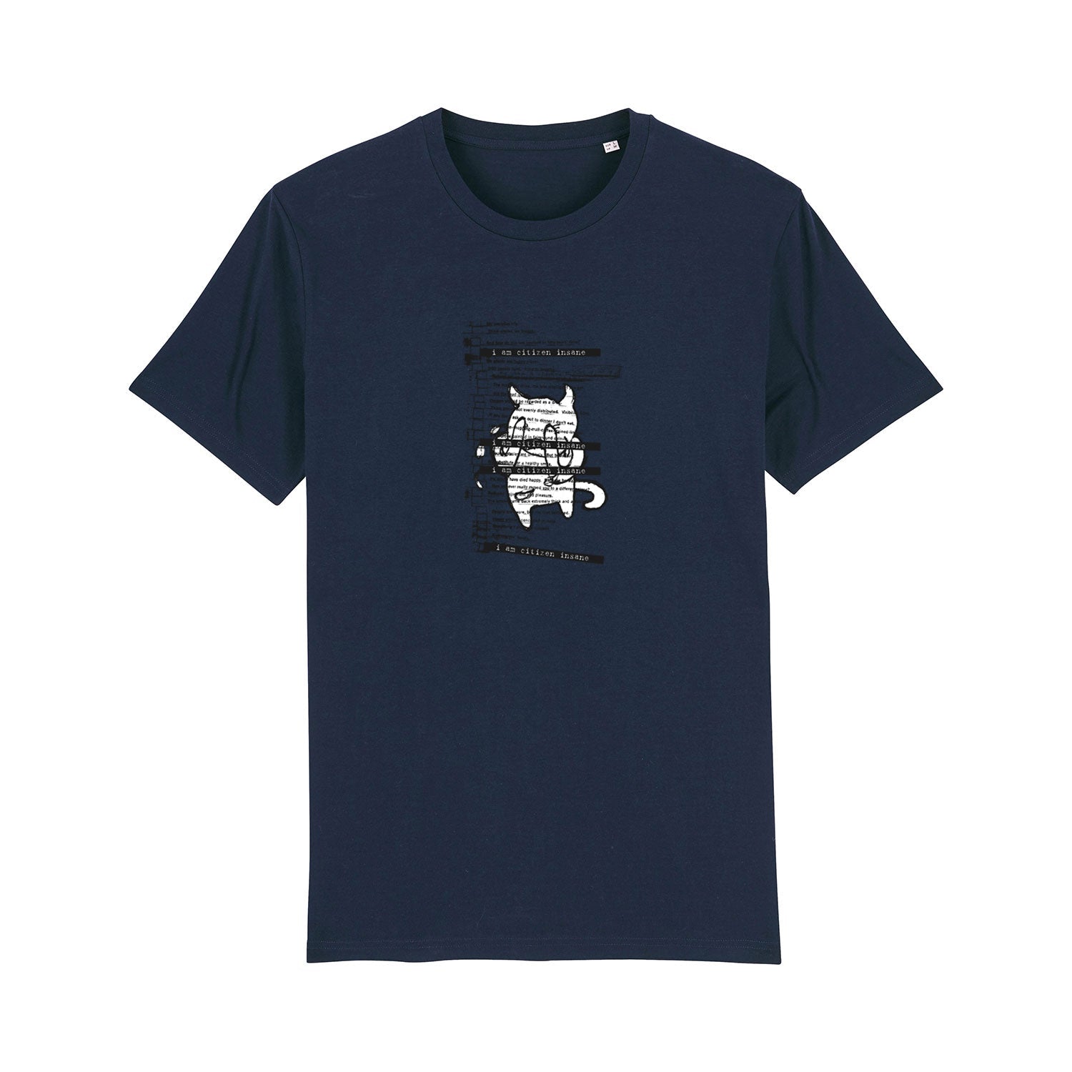 Navy blue t-shirt with a small graphic design on the chest.