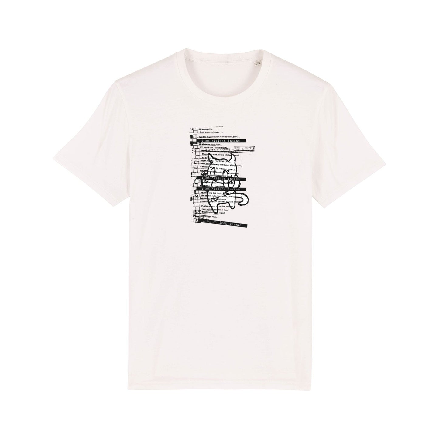 White t-shirt with a black abstract graphic design on the front.