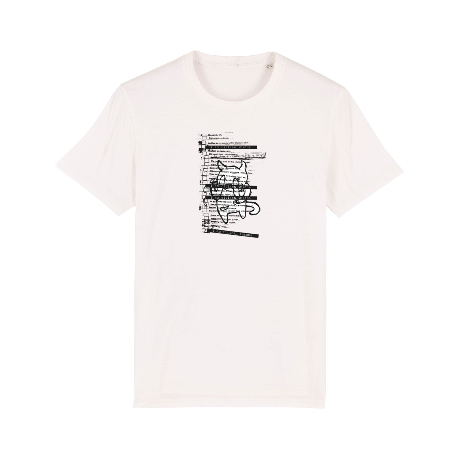 White t-shirt with a black abstract graphic design on the front.