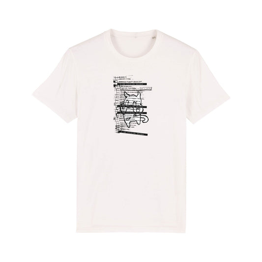 White t-shirt with a black abstract graphic design on the front.