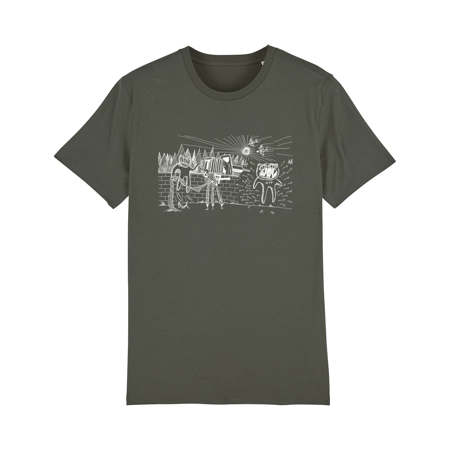 Dark green t-shirt with a white graphic design on the front depicting a rural farm scene.