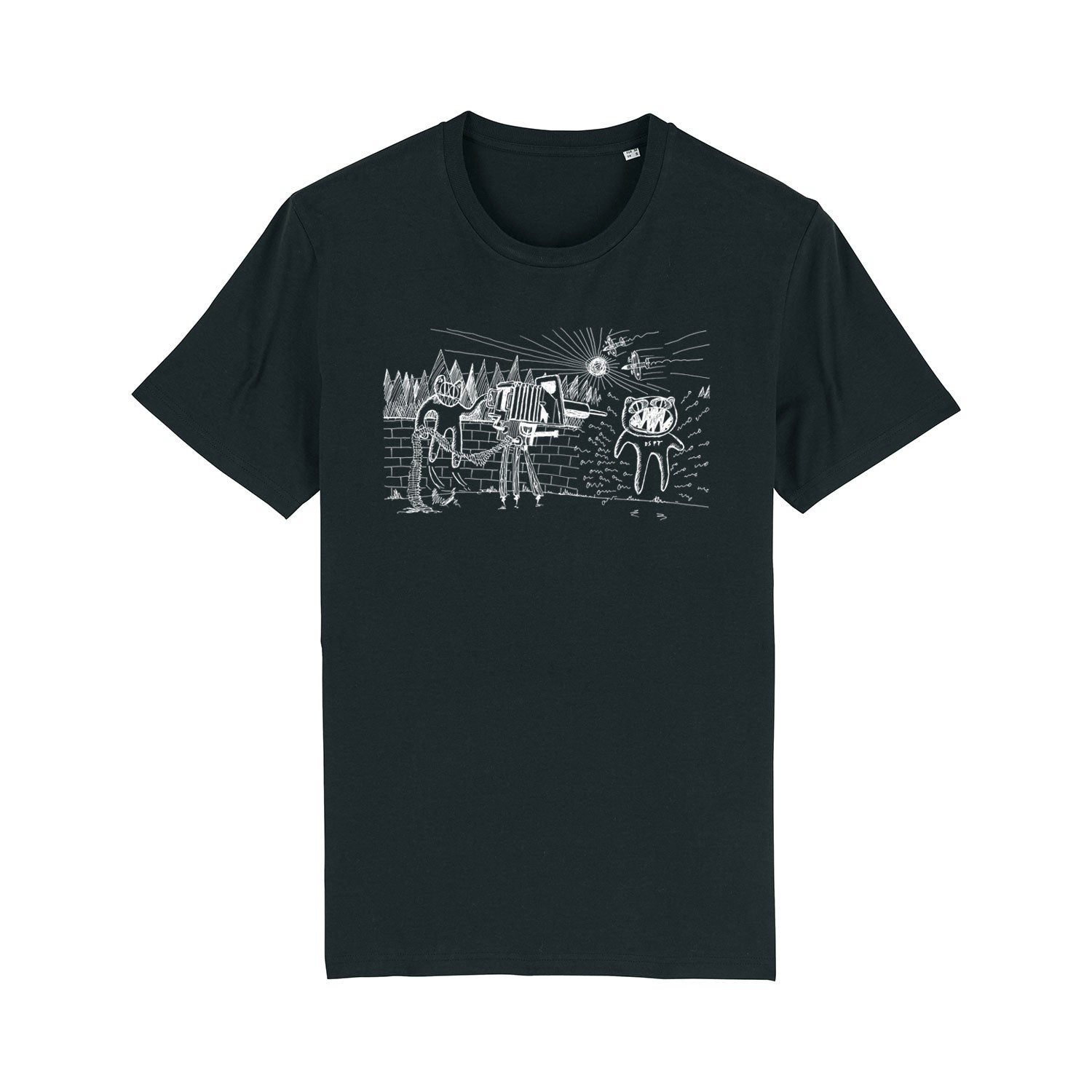 Black t-shirt with a white abstract graphic design on the front.