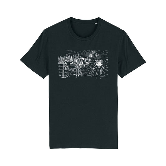 Black t-shirt with a white abstract graphic design on the front.