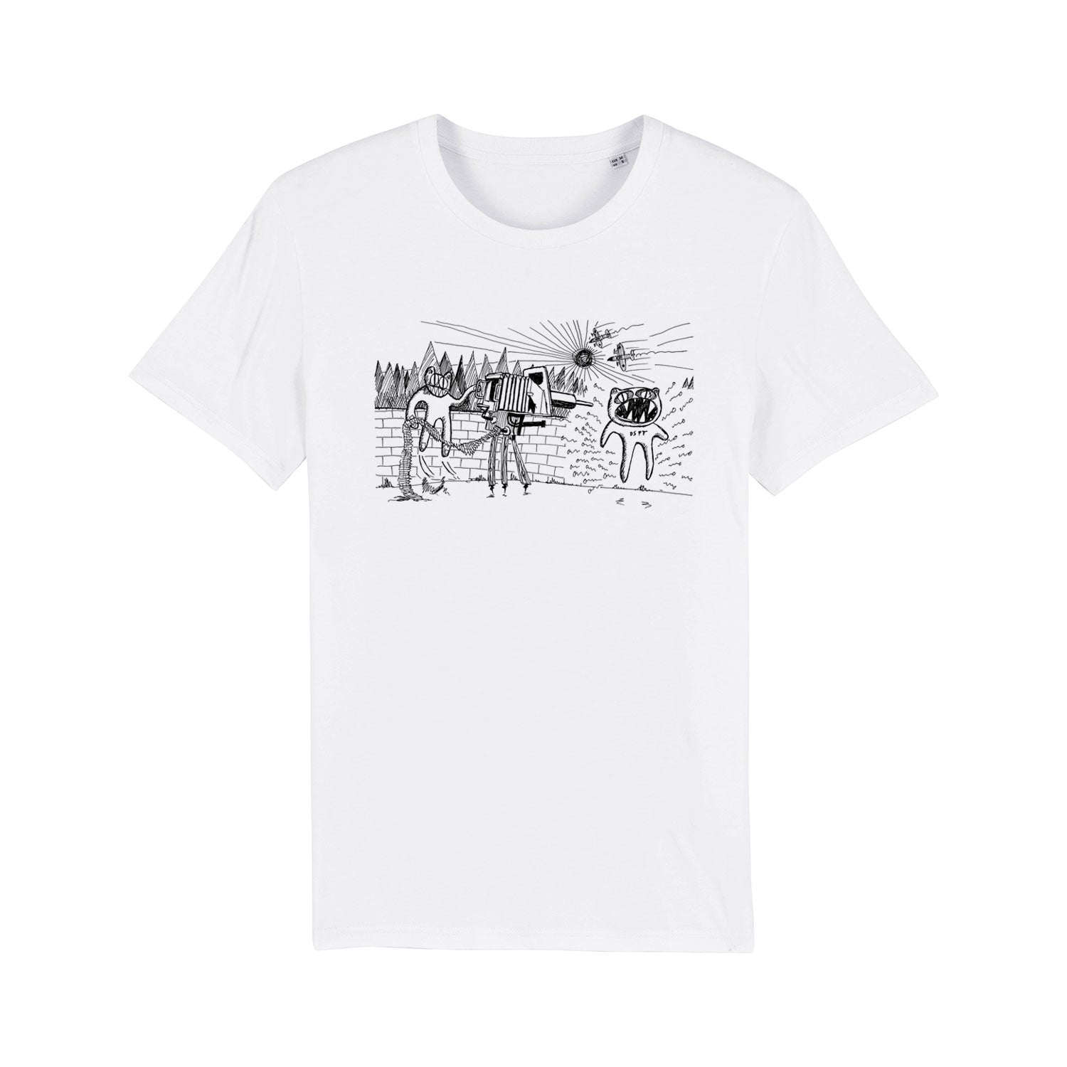 White t-shirt with a black line drawing of cows in a field printed on the front.