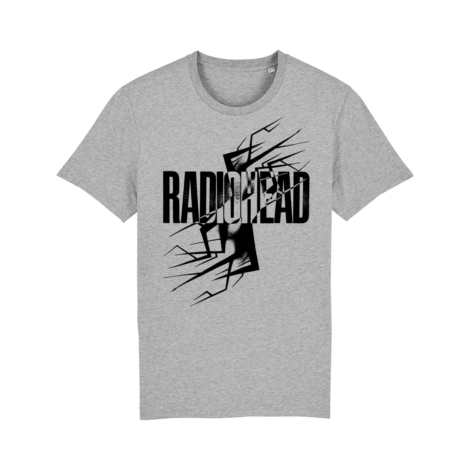 Gray t-shirt with ’RADIOHEAD’ text and abstract black design.